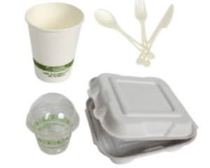 Hot and cold take-away cups, plasticware, and a food take-out clamshell